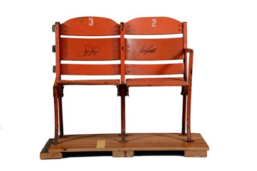 Pair of Boston Garden Seats Signed by Bill Russell and Larry Bird with Parquet Floor
